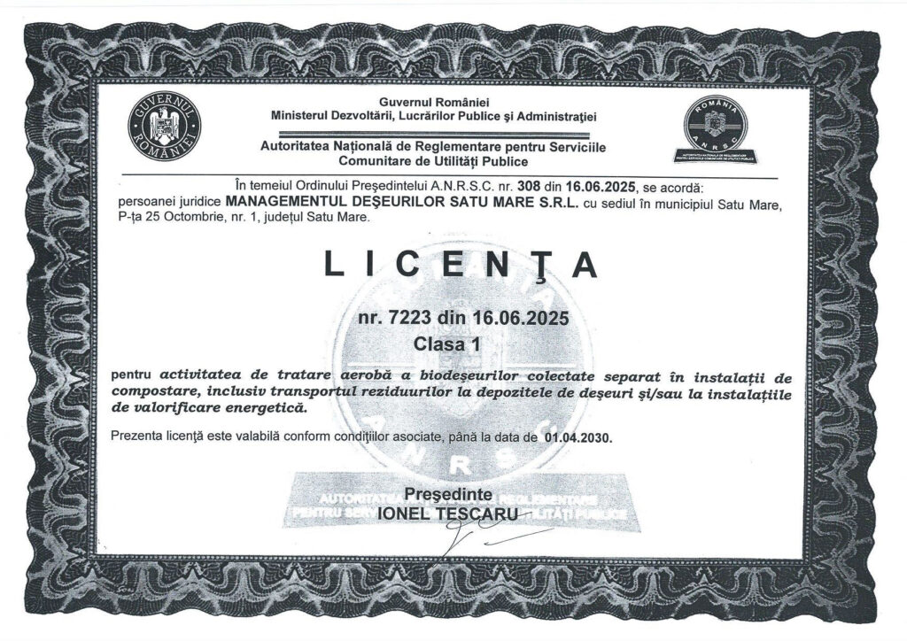 Licenta ANRSC Clasa 1 nr.7223 din 16.06.2025 pentru tratare aeroba a biodeseurilor